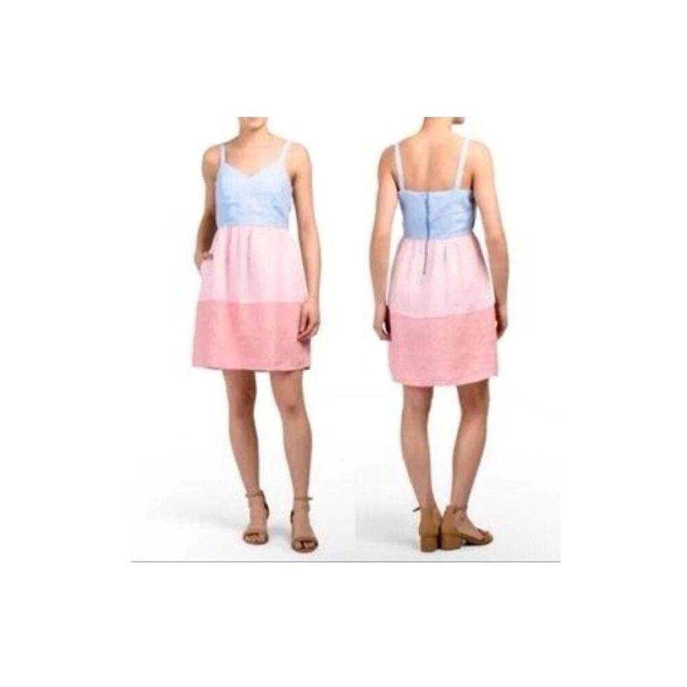 CYNTHIA ROWLEY Dress, 100% Linen, Colorblock , Size 4 Blue Pink Red